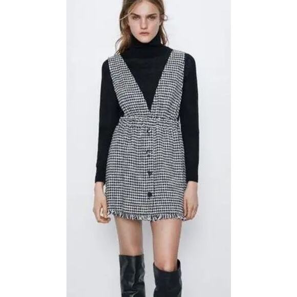 Zara Black White Tweed Button Front Sleeveless Pinafore Vest Mini Dress Size S - Picture 1 of 5
